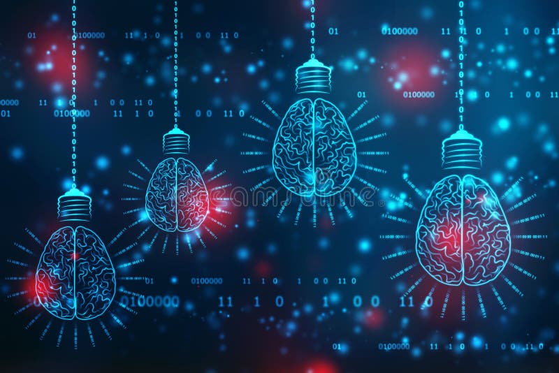 Tecnología futura del bulbo con el cerebro, fondo de la innovación, concepto de la inteligencia artificial fotografía de archivo