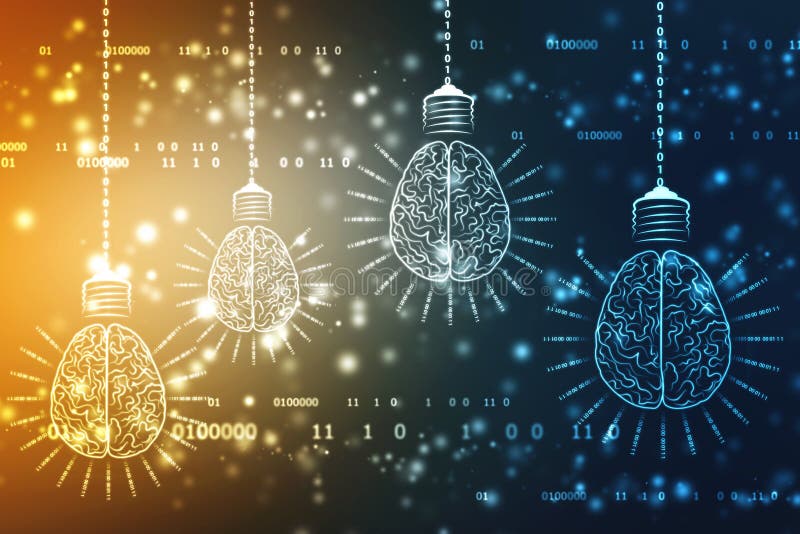 Tecnología futura del bulbo con el cerebro, fondo de la innovación, concepto de la inteligencia artificial fotografía de archivo libre de regalías
