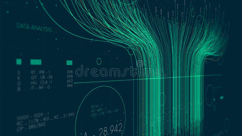 Tecnología futurista información de clasificación de grandes datos pantalla de monitor de red neuronal artificial en perspectiva stock de ilustración