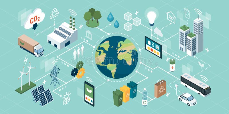 Tecnologías verdes innovadoras, sistemas elegantes y reciclaje ilustración del vector