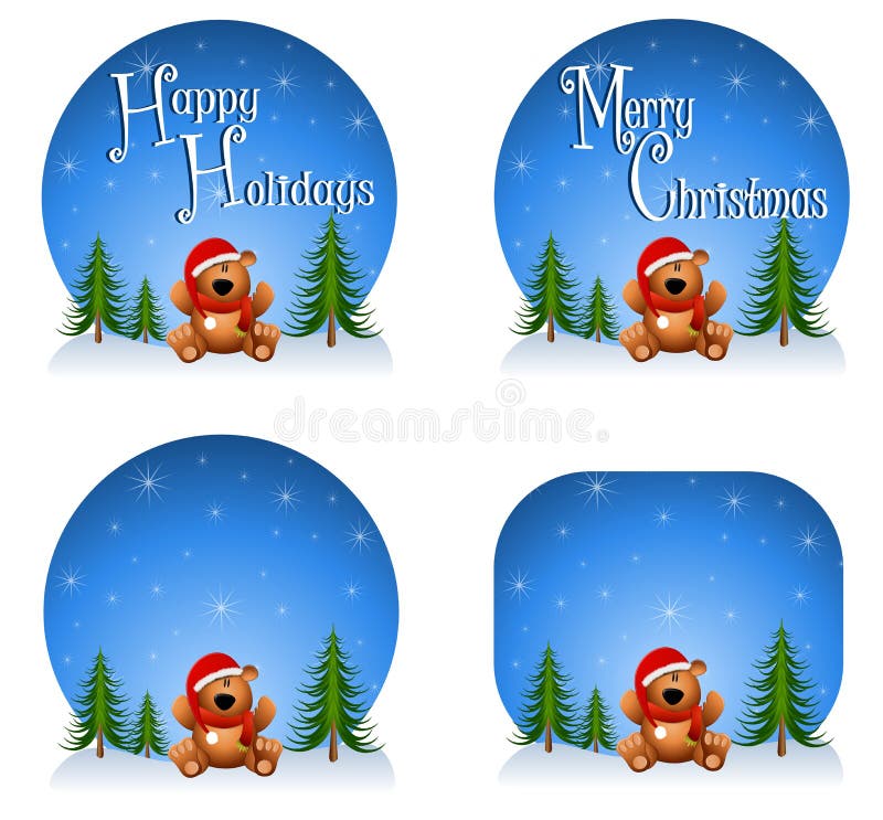 An illustration featuring your choice of teddy bear backgrounds or logos with blank or versions that have 'Happy Holidays' and 'Merry Christmas'