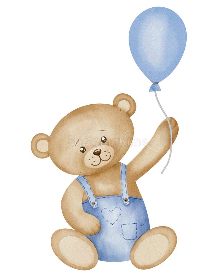 Teddy Bear with Balloon Watercolor Illustration. Hand Drawn Sketch of