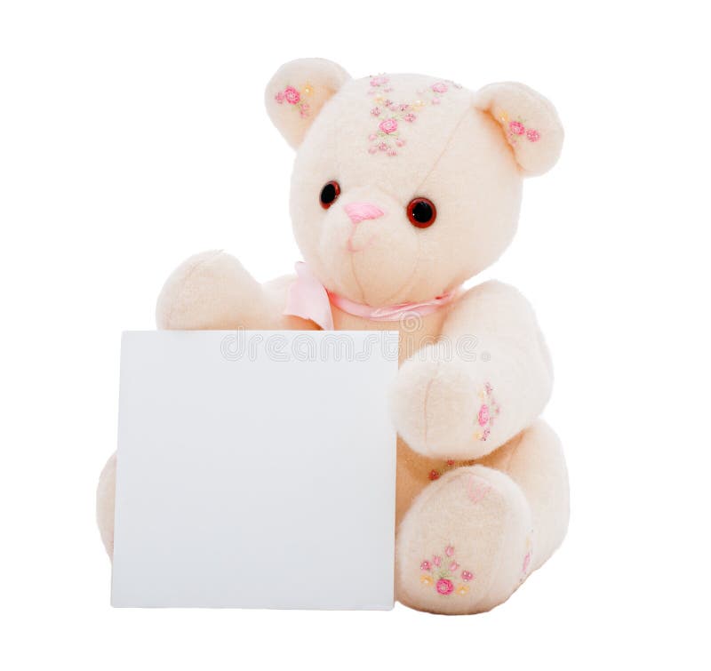 Flower teddy bear presenting a blank square card for your message, isolated on white. Part of series featuring the same bear. Flower teddy bear presenting a blank square card for your message, isolated on white. Part of series featuring the same bear.