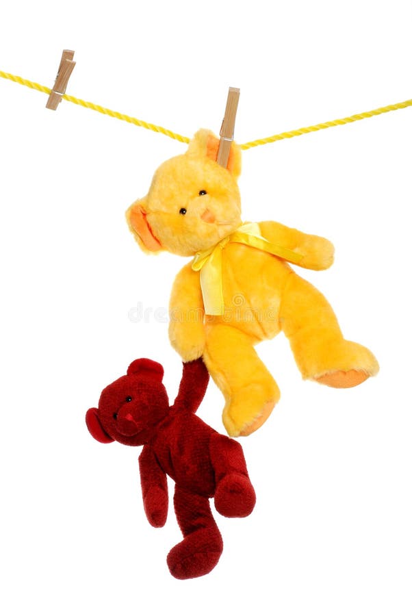 Teddy bear on clothes line rescuing another stock photo