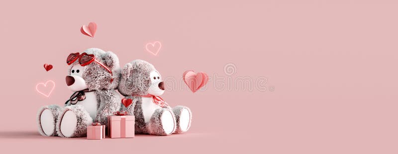 Teddy Bear Couple with Gifts and Hearts on Pink Background Stock Image -  Image of friendship, giftbox: 238043673