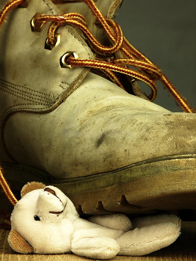 Teddy Bear Crushed by a Heavy, Old Military Boot. Stock Photo - Image ...