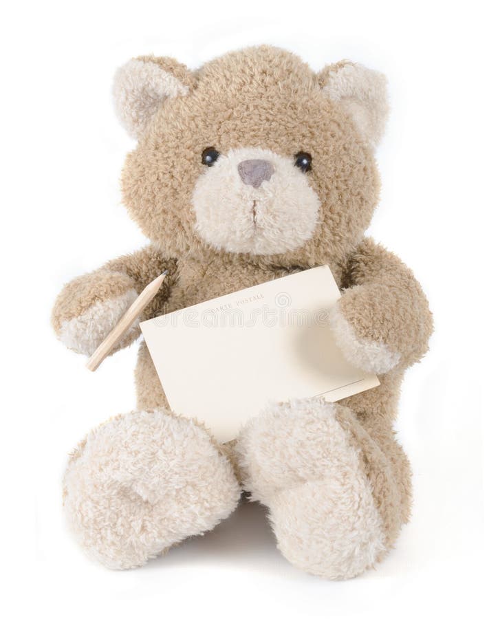 Teddy bear holding greeting card