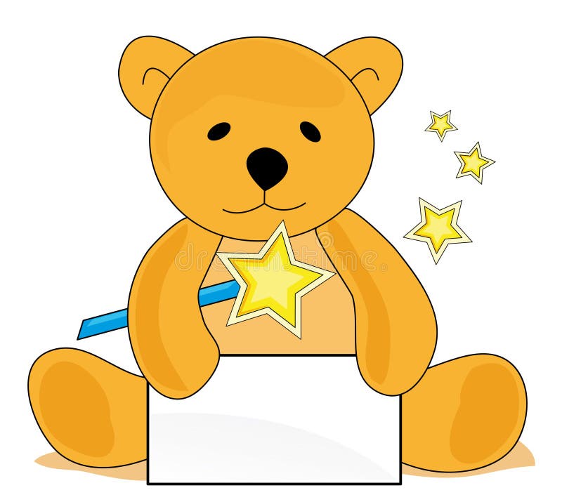 Teddy bear with magic wand. Cute teddy bear sitting on the ground and holding a card with copy space for your text vector illustration Teddy bear with magic wand. Cute teddy bear sitting on the ground and holding a card with copy space for your text vector illustration