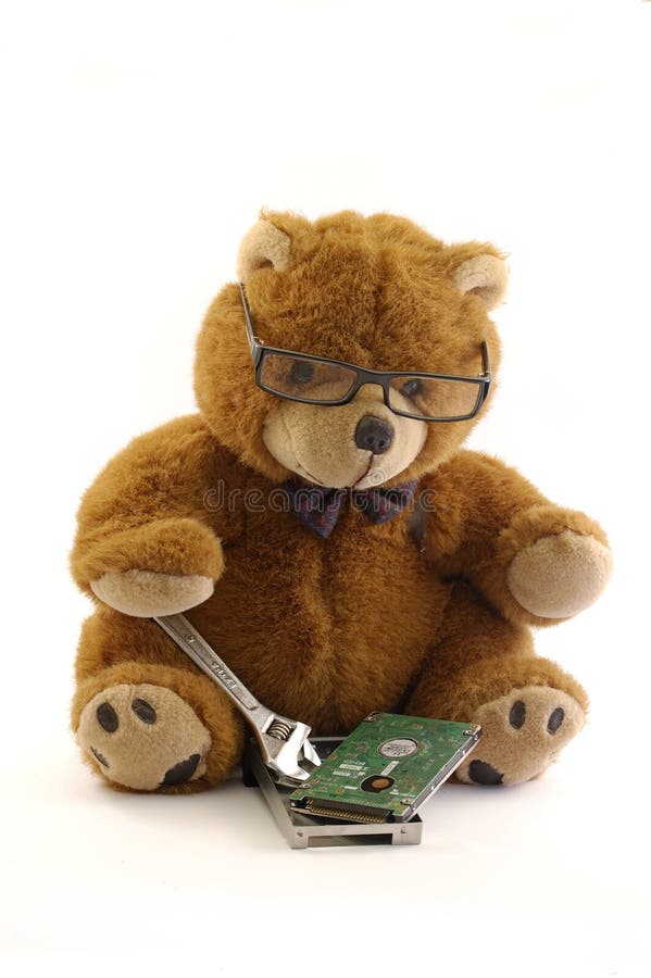 Teddy bear repairing a hard drive