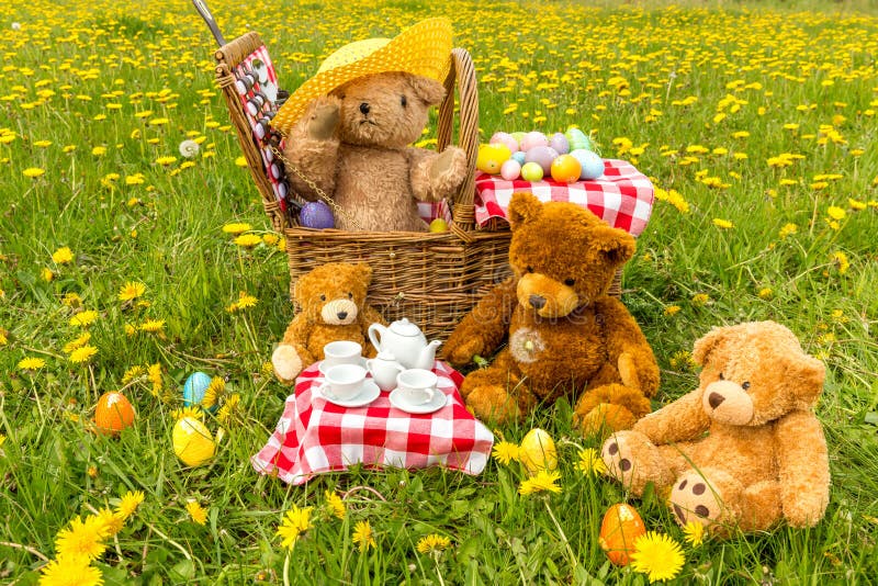 Teddy Bear`s Picnic in summer with bright yellow dandelions