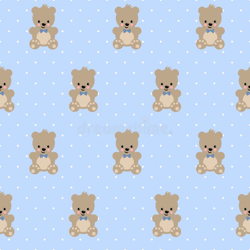 Teddy Bear seamless pattern on baby blue polka dots background.