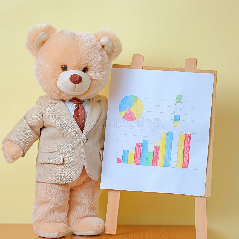 Teddy Bear Wearing Suit Presents Business Plan on Whiteboard with Colorful Charts and Graphs vector illustration