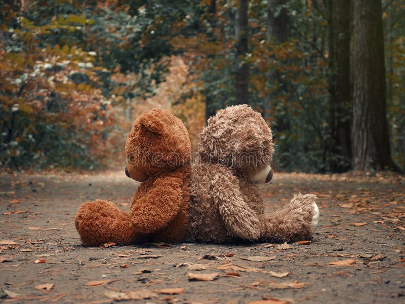 Teddy bears sit with their backs to each other