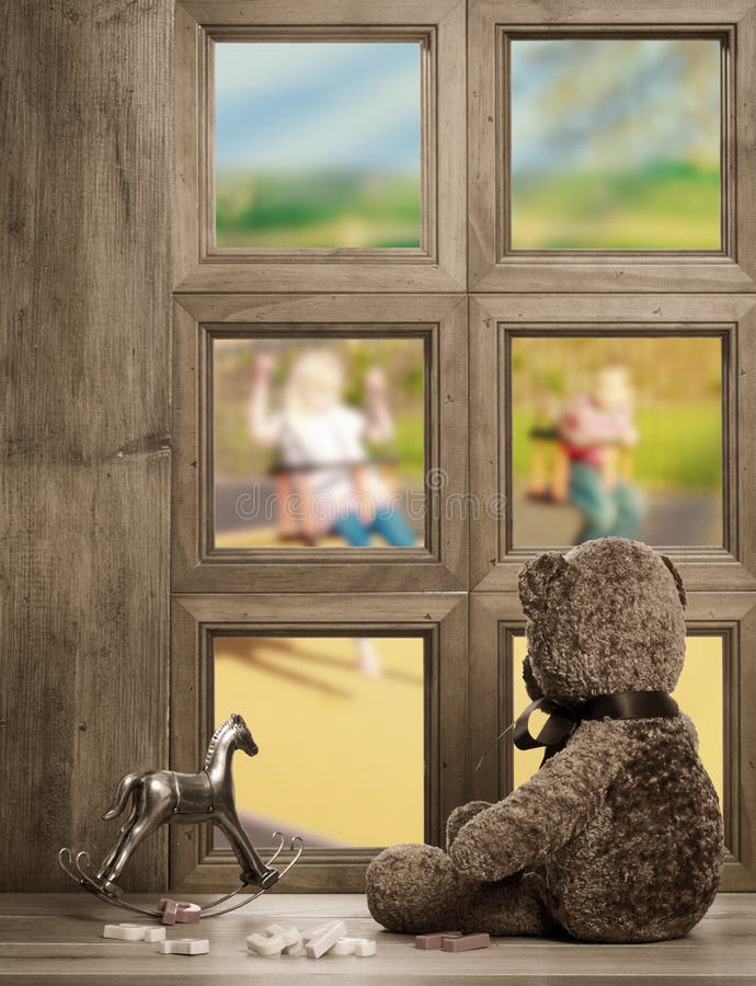 Teddy In The Window. Teddy bear watches from the nursery window - waiting for the return of the children playing on the swings stock images Teddy In The Window. Teddy bear watches from the nursery window - waiting for the return of the children playing on the swings stock images