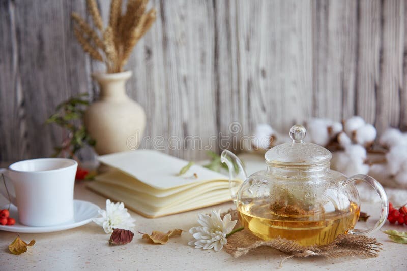 Tee aus ästhetischem Kräuterleinentee in Teekanne mit Tasse Tee. Weizenblätter aus Baumwolle Herbstdekorationen und Notizbuch. gem lizenzfreie stockbilder