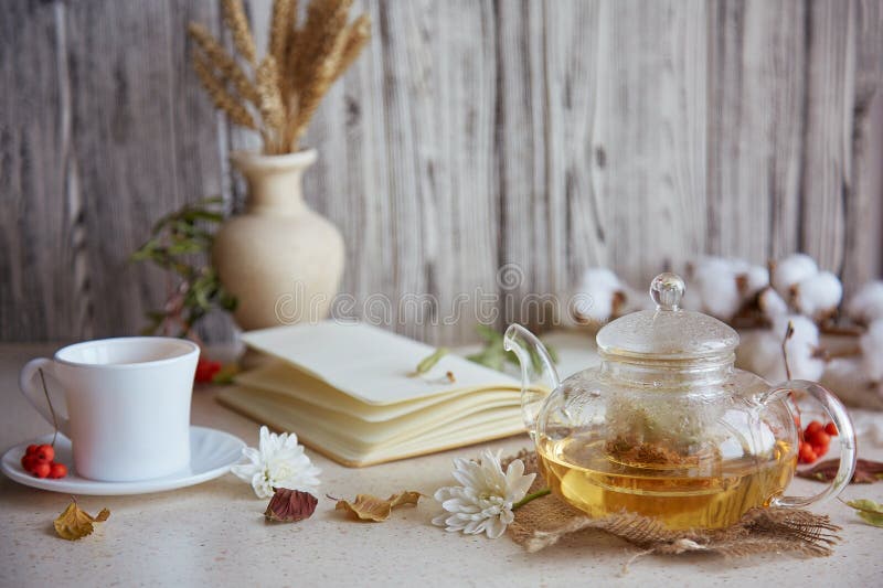 Tee aus ästhetischem Kräuterleinentee in Teekanne mit Tasse Tee. Weizenblätter aus Baumwolle Herbstdekorationen und Notizbuch. gem stockbild
