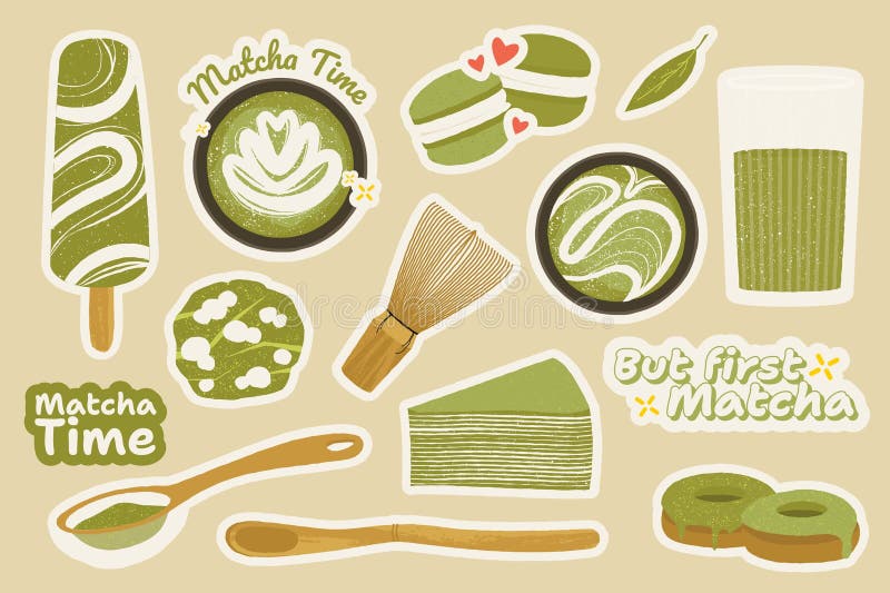 Teeaufkleber. Teetablett aus grünem Tee mit Pulver und lässt traditionelles japanisches Matcha-Getränk mit Bambuswerkzeugen lizenzfreie abbildung
