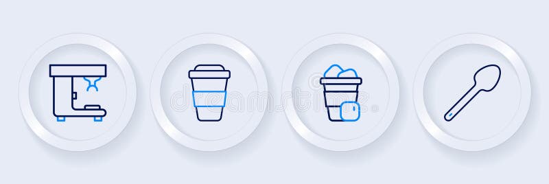 Set line Teaspoon Iced coffee Coffee cup to go and machine icon. Vector. Set line Teaspoon Iced coffee Coffee cup to go and machine icon. Vector.