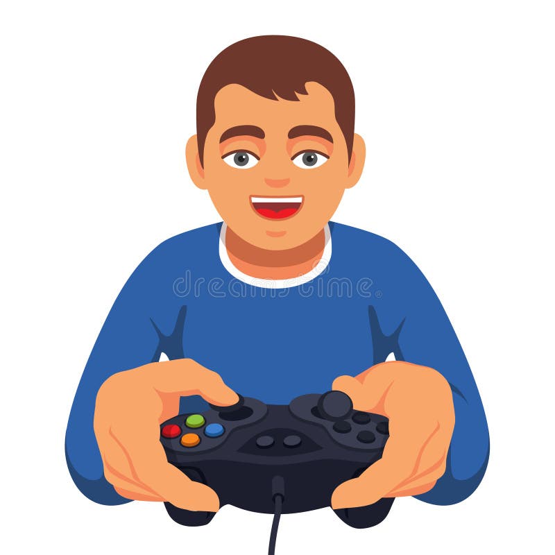Video Game, Playing Online. Gamer With A Laptop Sits On A Big Joystick.  Young Guy Is Playing An Online Game. Vector Illustration Flat Design.  Isolated On White Background. Royalty Free SVG, Cliparts