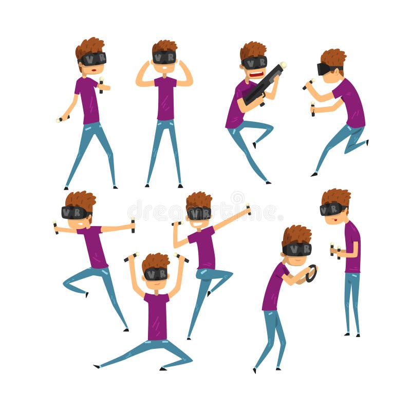 Teen Boy in Glasses of Virtual Reality. Funny Kid in Different Poses.  Cartoon Young Guy Playing in Video Game Stock Vector - Illustration of  cartoon, funny: 114036019