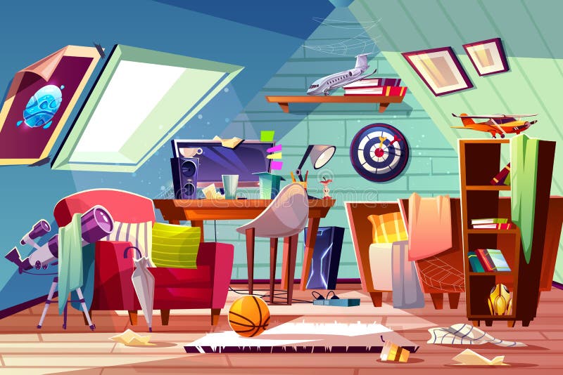 Teen boy messy attic room interior cartoon vector