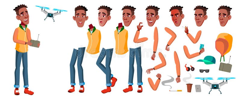 Teen Boy Vector. Animation Creation Set. Black. Afro American. Face Emotions, Gestures. Adult People. Casual. Animated