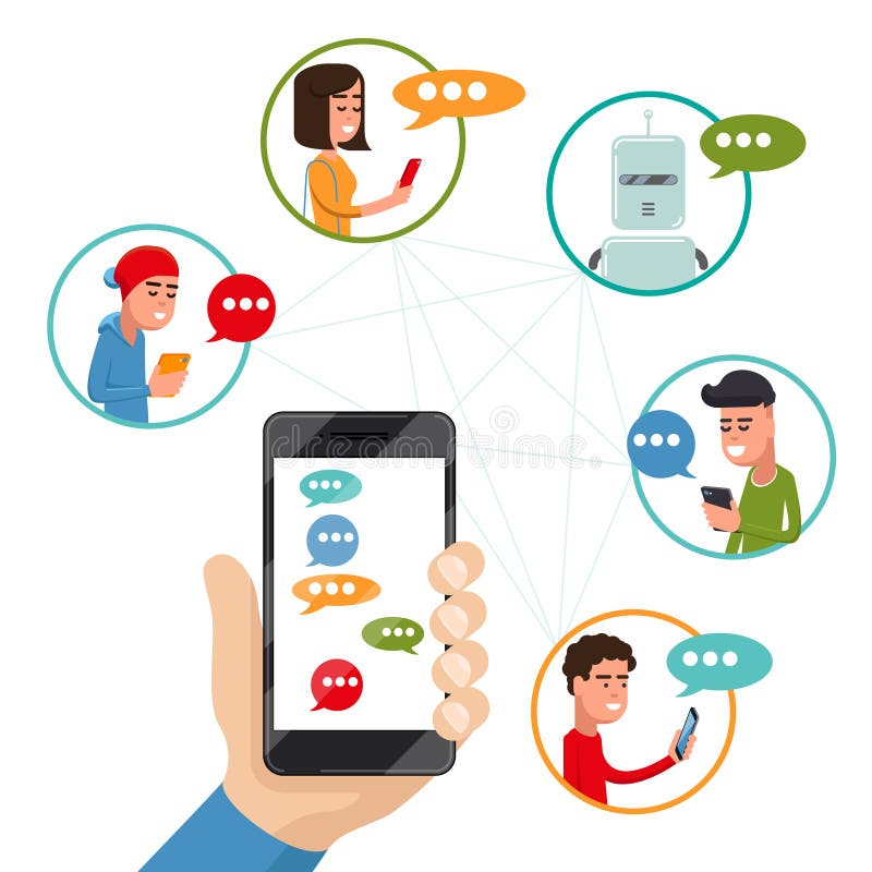 Group of people chatting online. Mobile app messenger. Cellphone screen  with friends talking by internet. Using smartphone for virtual meeting with  boy, girl, colleague, relatives. Vector illustration Stock Vector