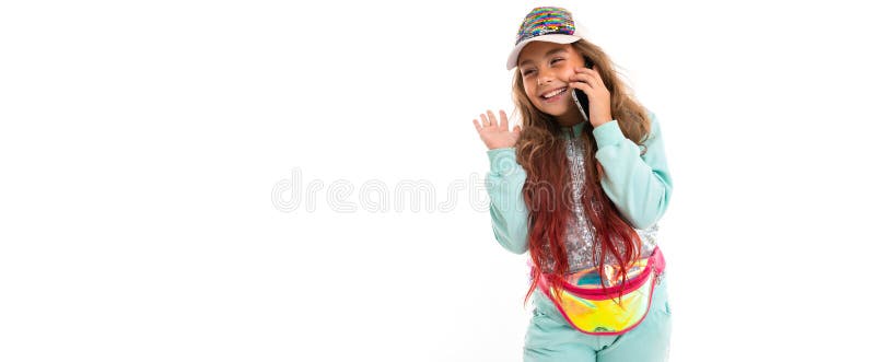 Teen Girl with Long Blonde Hair Dyed with Tips Pink, in Shiny White Cap,  Light Blue Sports Suit, Belt Bag Smiles and Stock Image - Image of song,  beautiful: 162307823