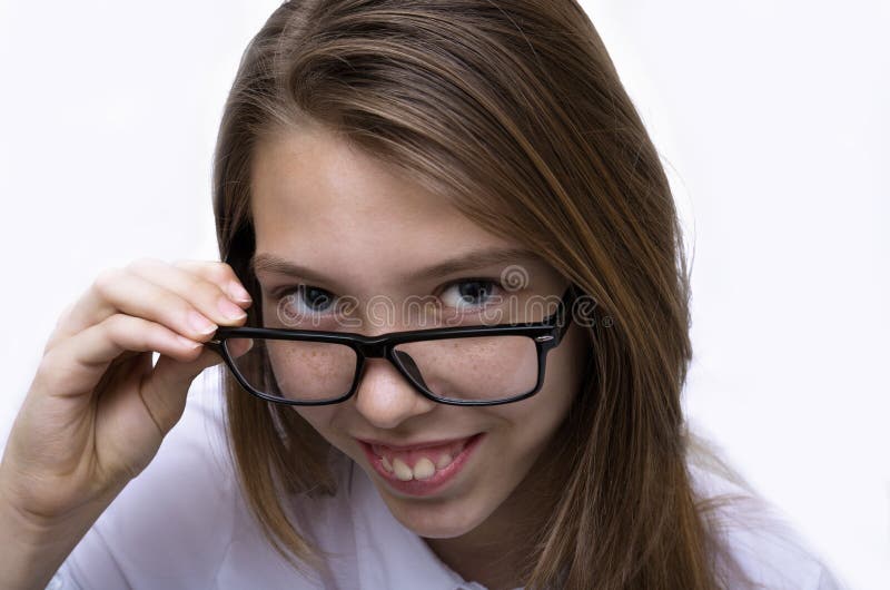 Portrait Of A Cute Girl Teenager In Spectacles Leaned Against The White  Wall. Glasses For A Modern Young Generation. Beauty, Fashion. Stock Photo,  Picture and Royalty Free Image. Image 93538212.