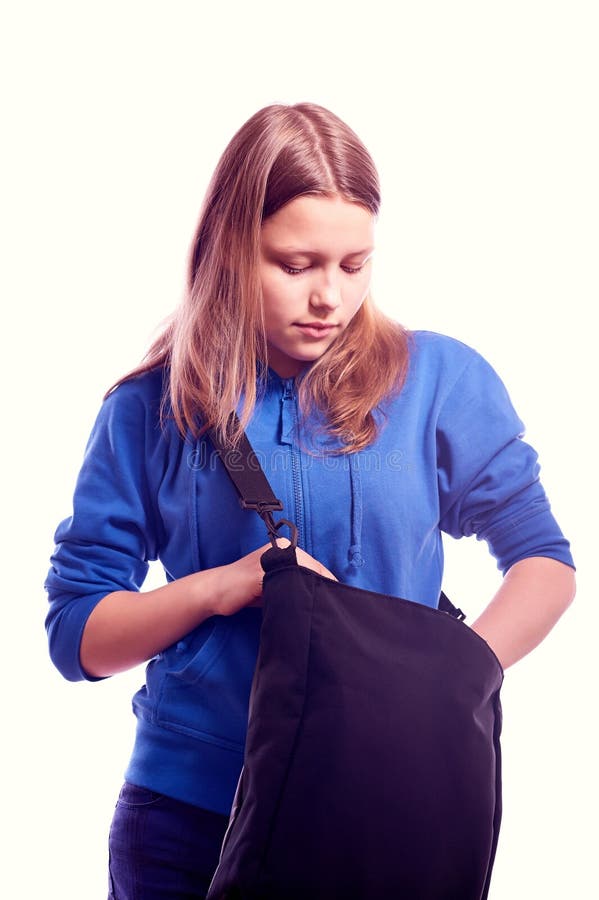 Young Woman Looking for Smth in Her Bag Stock Image - Image of blue, background: