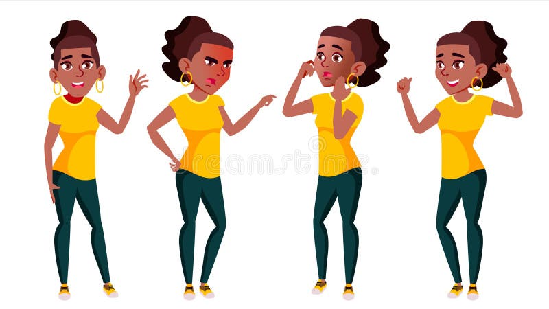 Teen Girl Poses Set Vector. Black. Afro American. Adult People. Casual ...