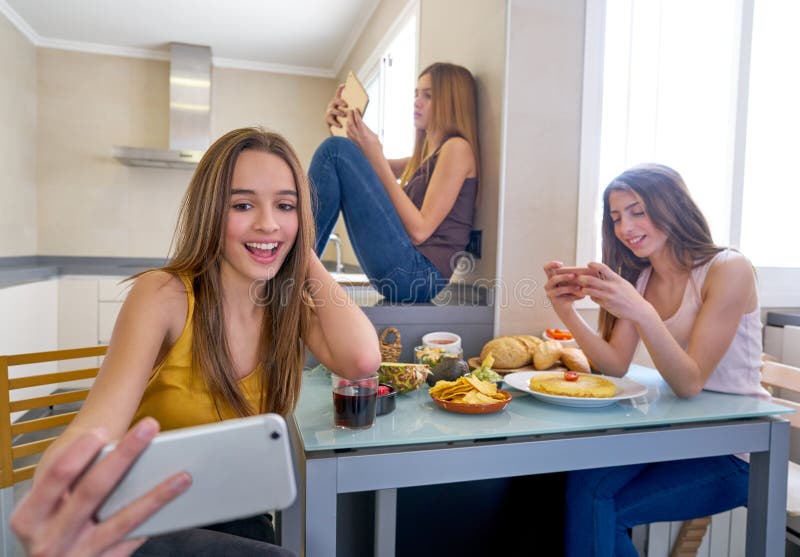 Teen Girls Best Friends Lunch Eating at Kitchen Stock Image - Image of ...