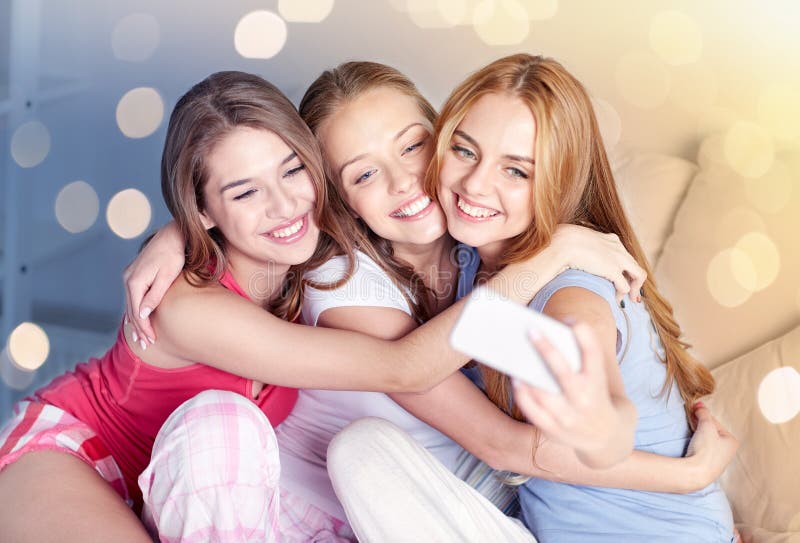 Teen Girls with Smartphone Taking Selfie at Home Stock Image - Image of ...