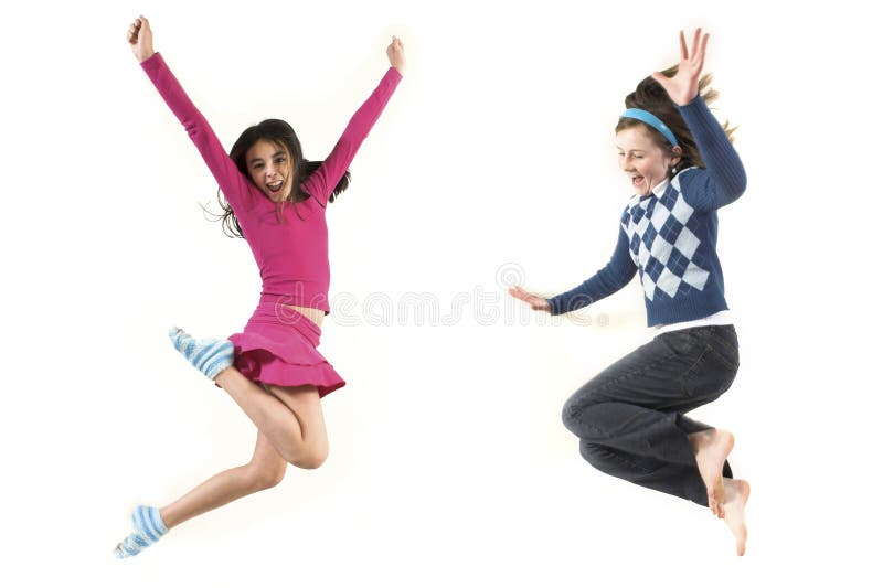 Teen jumping together