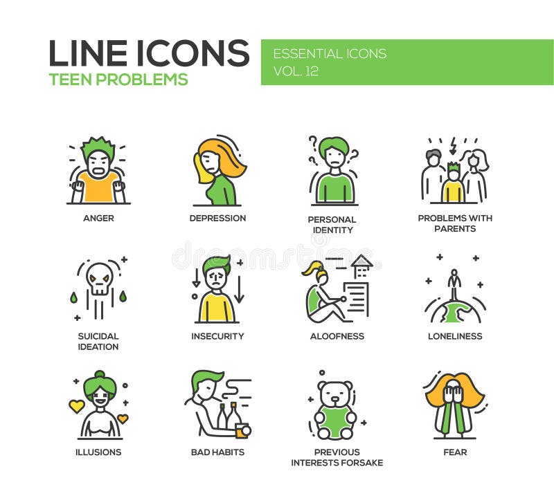 Teen problems- line design icons set vector illustration Teen problems- line design icons set vector illustration