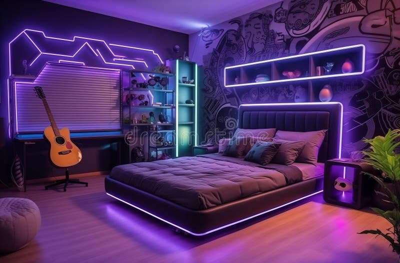 Modern Teenage Room with Purple Neon Lights Stock Photo Image of space, home 300880026