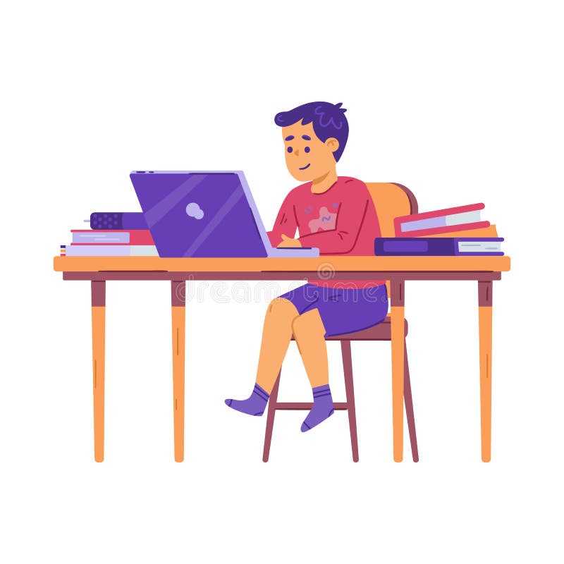 Teen Sitting at Desk with Computer and Books, Flat Vector Illustration ...