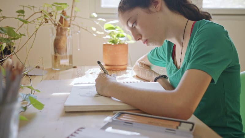 Teenage Girl Draws Sketchbook While Sitting Stock Photo 2034569108