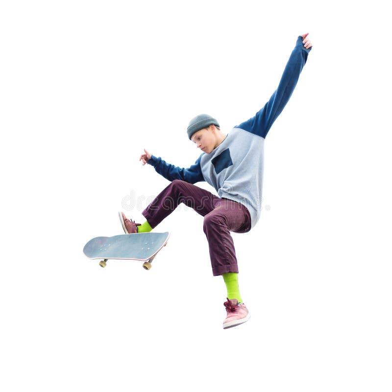 A teenage boy in a hat and a sweatshirt jumping with a skateboard does a trick on an isolated white background. The cut out character the preparation.