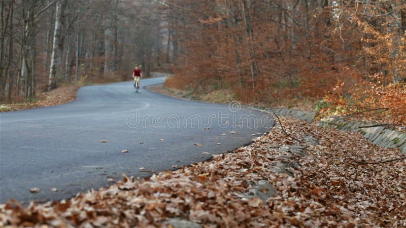 Teenage boy riding his bike on autumn forest road