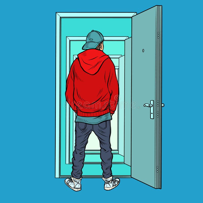 A teenage boy stands on the threshold of an open door