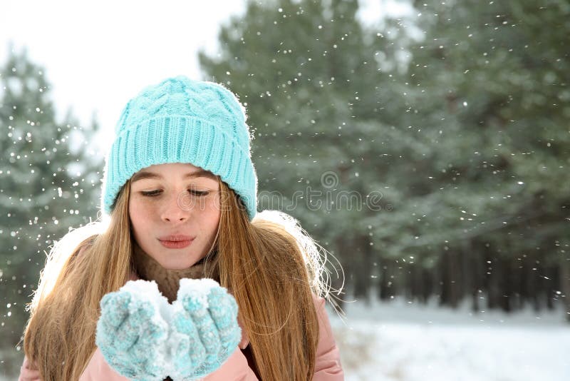 Teenage Girl Blowing Snow in Winter Forest. Stock Photo - Image of ...