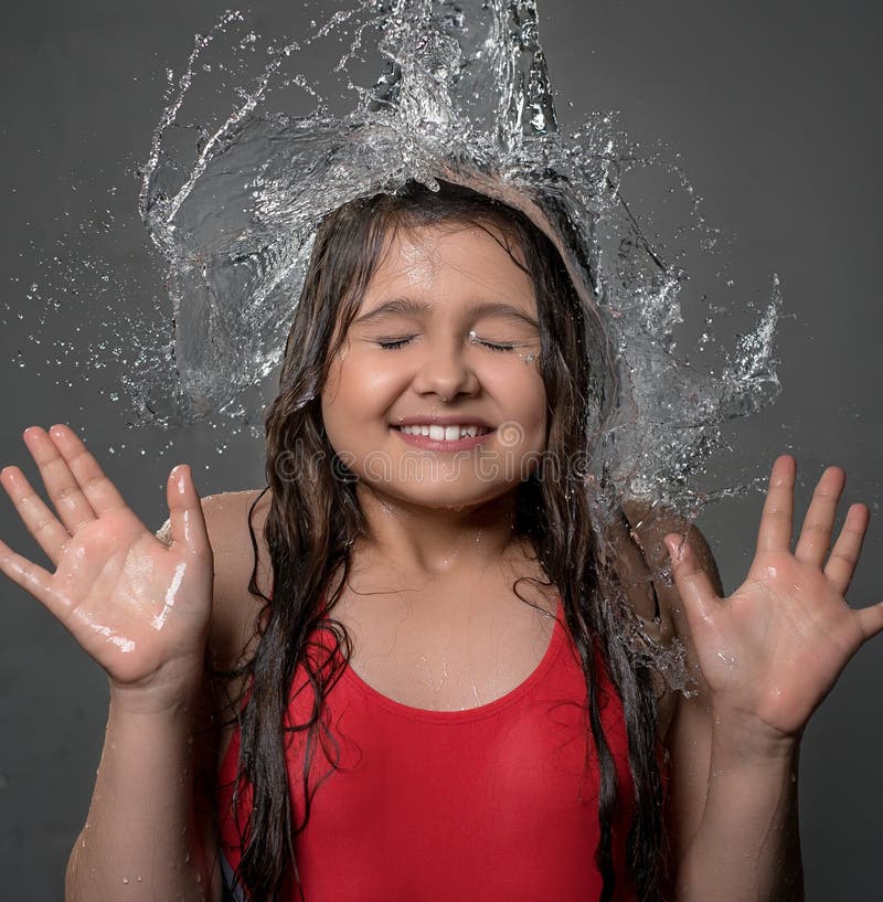 Teenage Girl Catching Water Stream From Top Stock Image Image Of Drops Eyes 174763663 