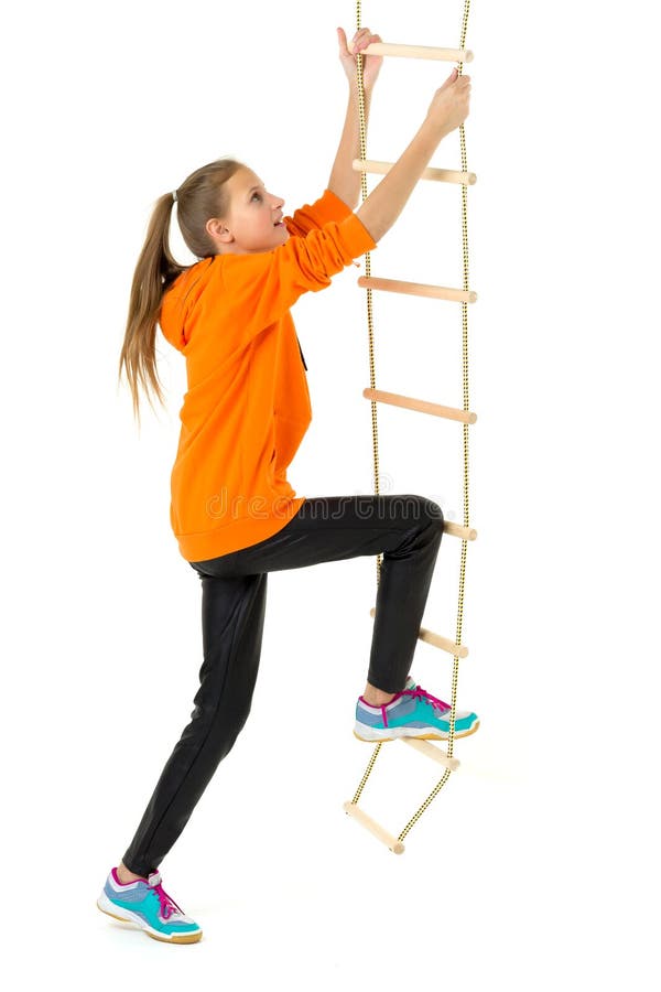 Teenage Girl Climbing Rope Ladder. Isolated Over White Background. Stock  Photo - Image of length, cheerful: 216973258