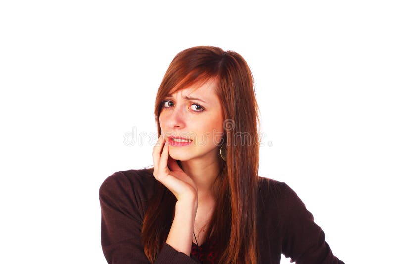 Teenage girl having toothache, isolated on white