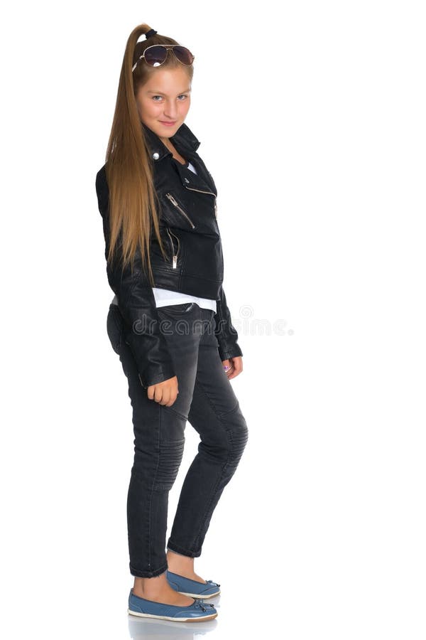 A Teenage Girl in a Leather Jacket and Jeans. Stock Image - Image of ...