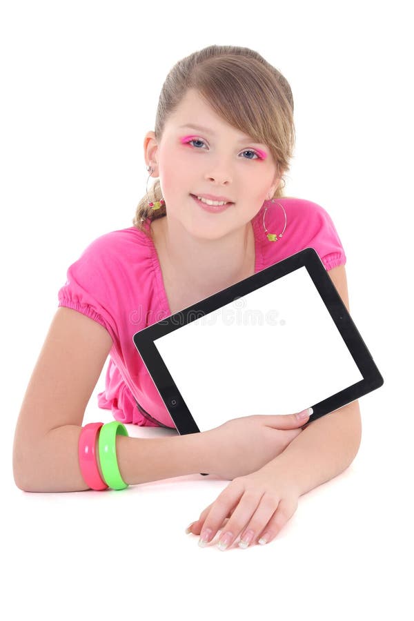 Teenage Girl Lying And Using Tablet Pc Isolated Over White Stock Photo