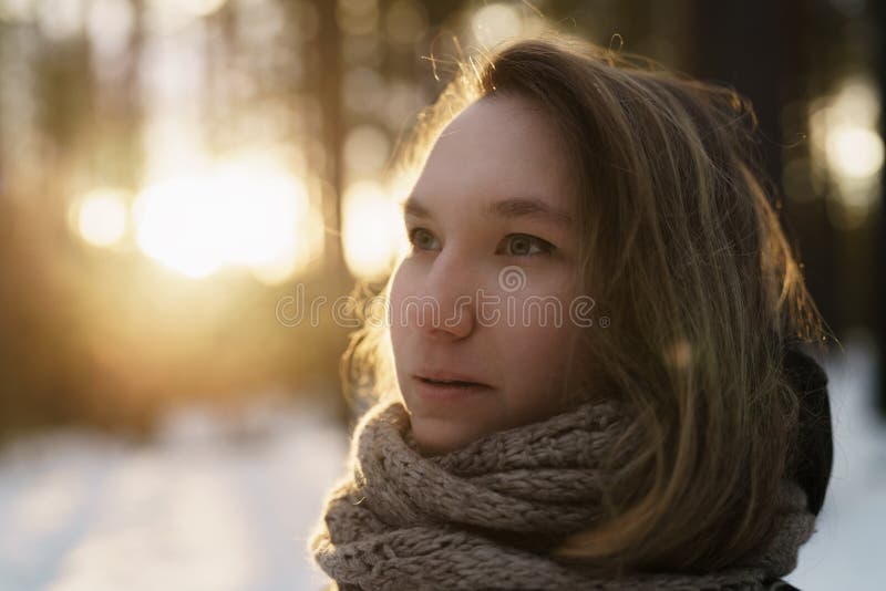 Teenage Girl Portrait in Winter Pine Forest is Sunset Stock Image ...