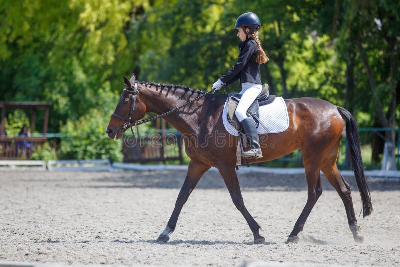 Teenage girl riding horse performing dressage test