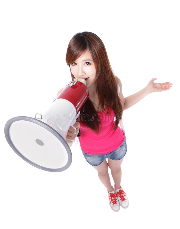 Girl student shouting through megaphone